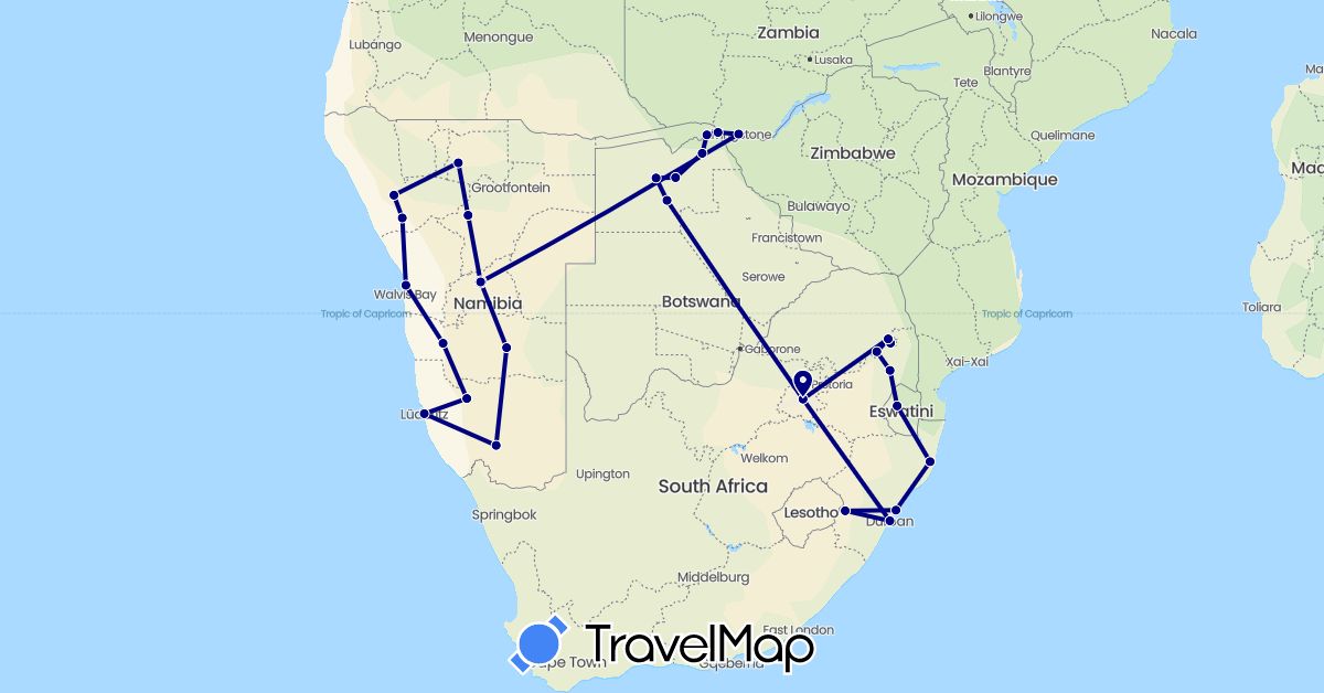 TravelMap itinerary: driving in Botswana, Namibia, Swaziland, South Africa, Zambia (Africa)