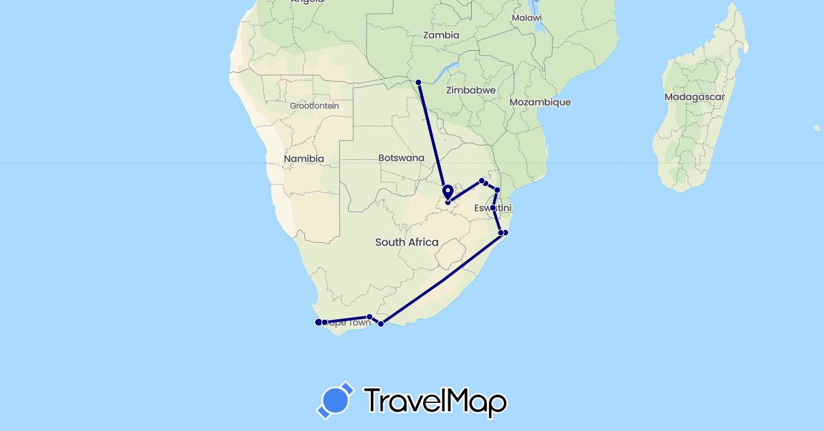 TravelMap itinerary: driving in Swaziland, South Africa, Zimbabwe (Africa)